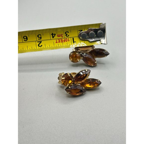 Vintage Rhinestone Earrings Clip On Topaz Glass Navette Marquise Shape Prong Set - Picture 8 of 8